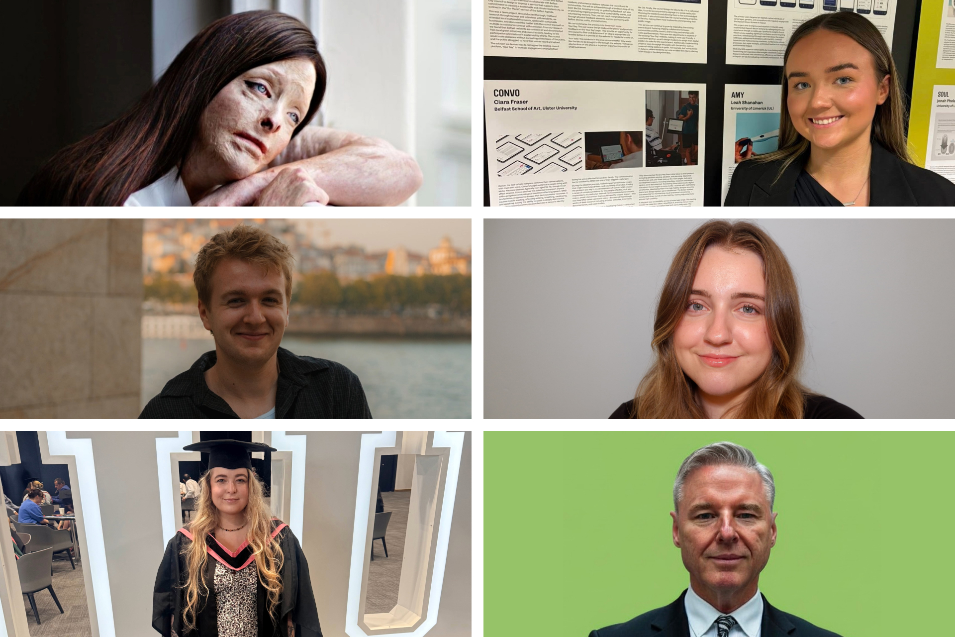 A grid of six photos shows diverse individuals in various settings: a thoughtful woman by a window, a smiling woman by art displays, two portraits of a man and a woman, a graduate in cap and gown, and a confident man in a suit with a green background.